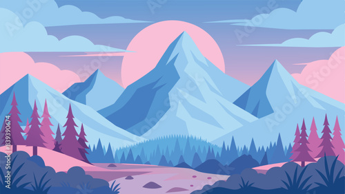 Pastel mountain landscape with trees and sunset. Vector illustration