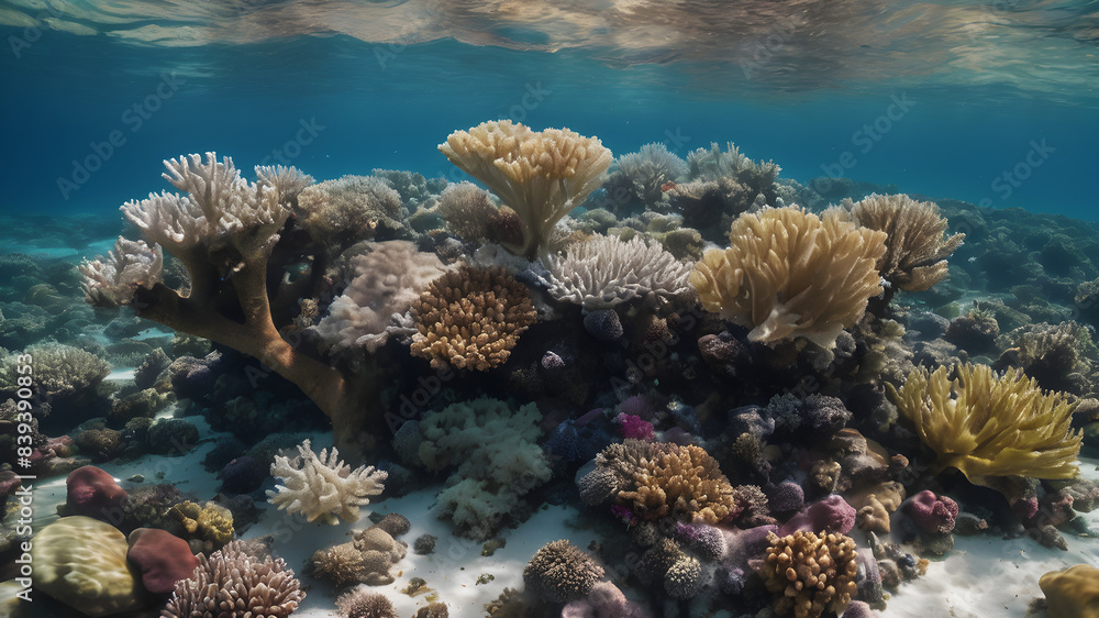 A coral reef suffering from bleaching due to rising ocean temperatures. The once vibrant corals are now white and lifeless, showing the devastating effects of global warming on marine ecosystems. A coral reef suffering from bleaching due to rising ocean temperatures. The once vibrant corals are now white and lifeless, showing the devastating effects of global warming on marine ecosystems.