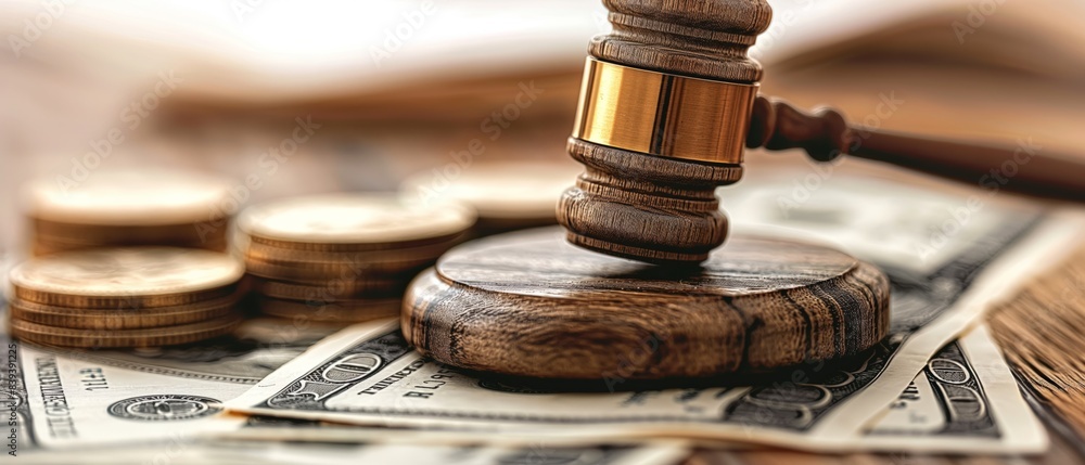 Judge's gavel and dollar banknotes on income tax form background. Legal Auction Process Judge's gavel and dollar banknotes on income tax form background. Legal Auction Process