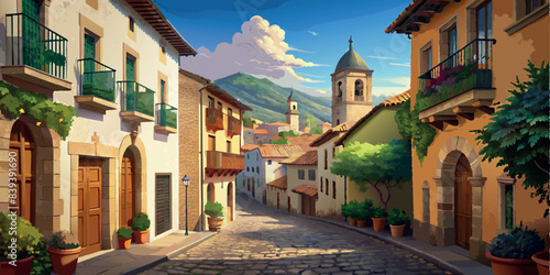 Picturesque village with cobblestone street and colorful houses. Vector illustration