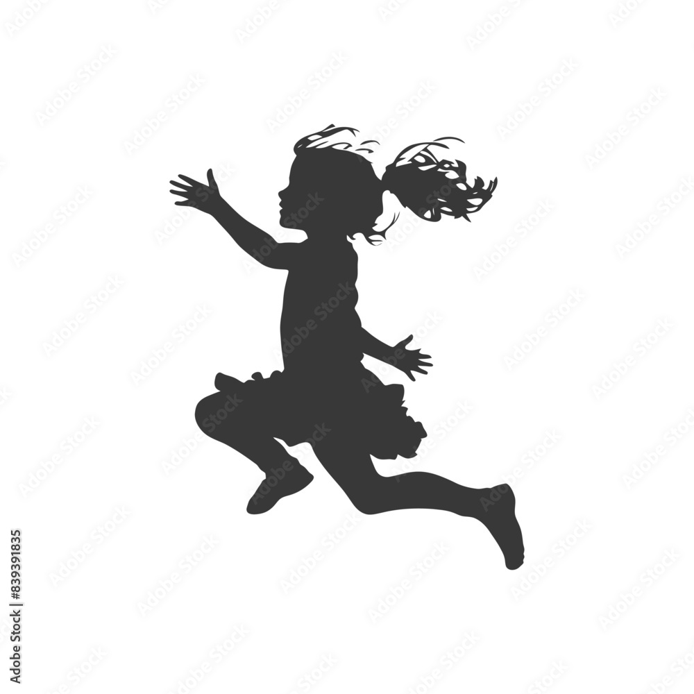Obraz premium Silhouette of a Young Girl Reaching, Mid-Jump, Windblown Hair, Full Body.
