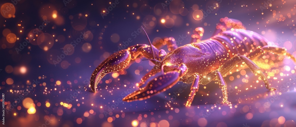 Magical glowing scorpion in fantasy scene with vibrant purple and golden lights creating a mystical and enchanting atmosphere. Magical glowing scorpion in fantasy scene with vibrant purple and golden lights creating a mystical and enchanting atmosphere.