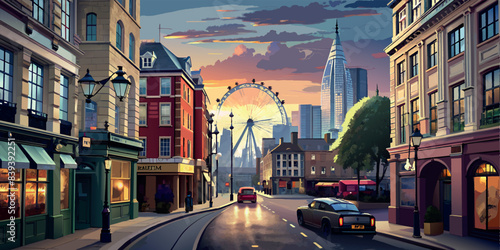 Vibrant city street with Ferris wheel and historic buildings. Vector illustration