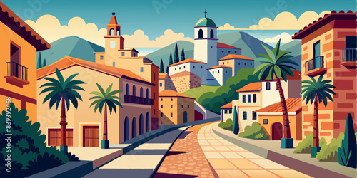 Charming village street with colorful houses and scenic view. Vector illustration