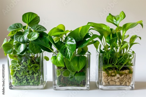 Monstera, pothos, philodendron propogated in glass containers. ai generative photo