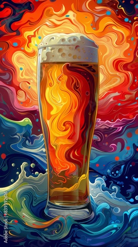 Vibrant Digital Illustration of a Beer Glass with Swirling Psychedelic Colors and Frothy Head.