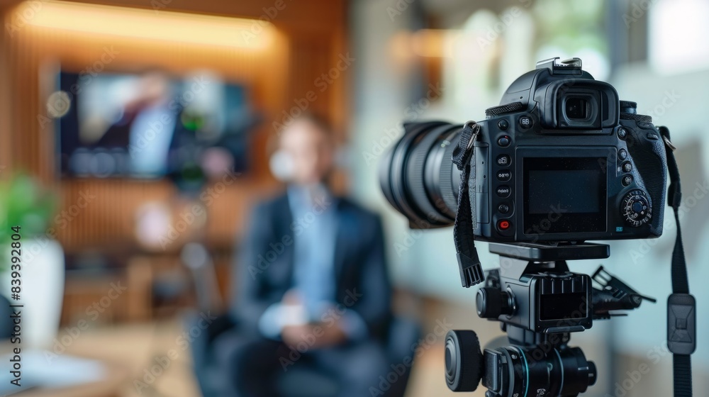 selective focus of professional digital camera near businessman recording video content in office generative ai selective focus of professional digital camera near businessman recording video content in office generative ai
