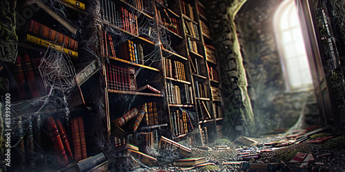 The Forgotten Library: A dilapidated room filled with dusty tomes and cobwebs, hinting at forgotten knowledge. photo