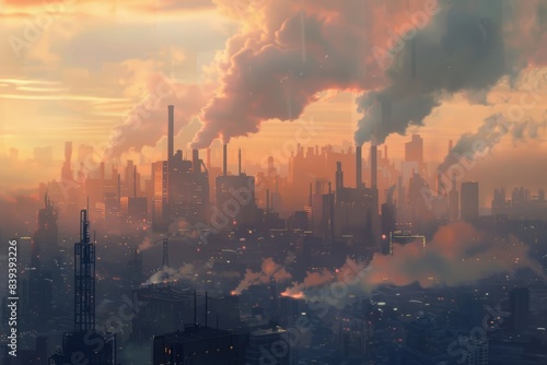 Industrial Pollution Impact on Overpopulated Mega City Skyline - Environmental Awareness Concept