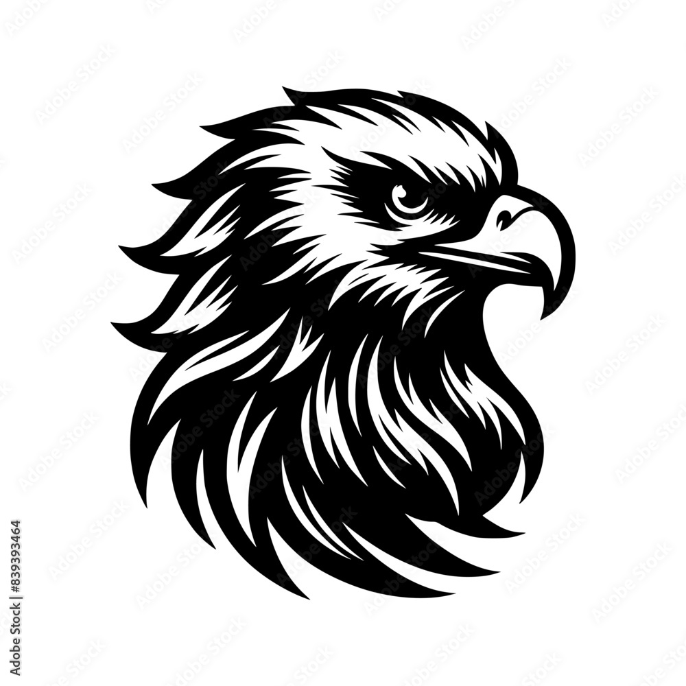 Fototapeta premium Black and white illustration of an eagle head. Esport logo of a falcon. Tattoo design for a hawk.