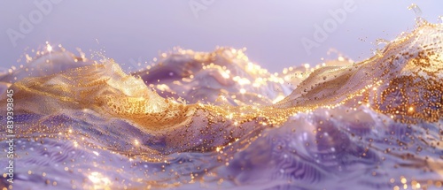 Mesmerizing abstract golden waves with sparkling particles and purple hues creating a dreamy, ethereal cosmic landscape.
