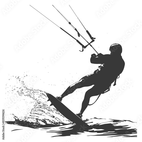 Silhouette Kitesurfer: Carving Wave, Spraying Water, Extreme Sports Vector.