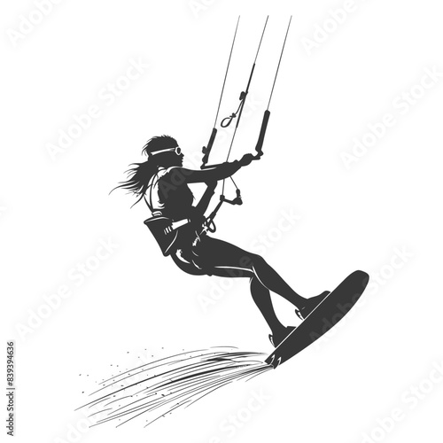 Kitesurfer Silhouette: Woman Riding the Waves, Wind in Hair, Clean Vector.