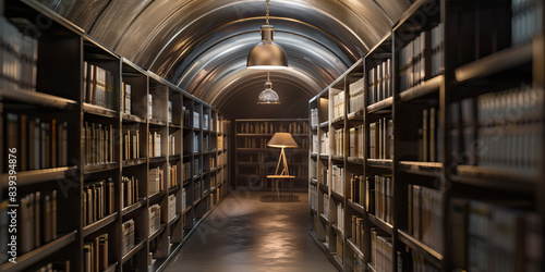 The Steel Caverns  A dimly lit subterranean chamber  housing rows of metallic bookshelves and a lone reading lamp.