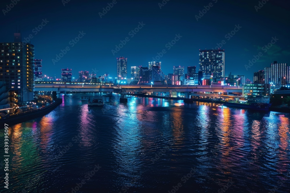 Urban Nightscape with Illuminated Bridges and City Skyline Reflections on a Riverfront
