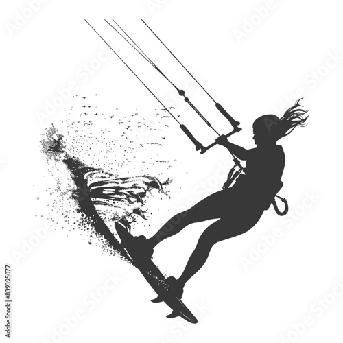 silhouette kitesurfing woman athlete in action full body black color only
