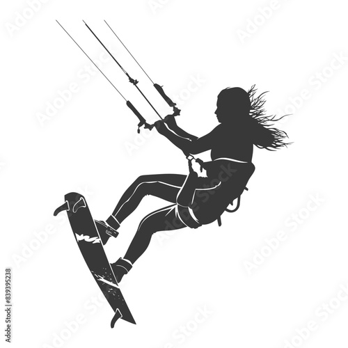 silhouette kitesurfing woman athlete in action full body black color only