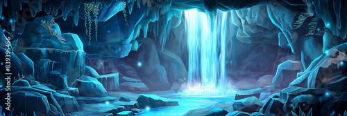The Underground cave with river waterfall and gemstone, Illustration photo