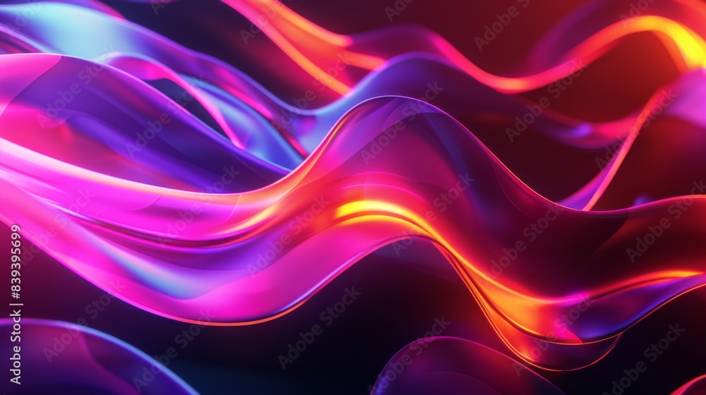 Fototapeta premium Vibrant abstract neon waves with a flowing, dynamic composition. Colors range from pink and purple to orange, creating a luminous, energetic atmosphere.