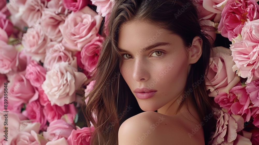 A beautiful brown-haired model stands in front of an explosion of pink and white roses for a commercial video for cosmetics, with soft lighting creating an elegant style, a closeup shot. A beautiful brown-haired model stands in front of an explosion of pink and white roses for a commercial video for cosmetics, with soft lighting creating an elegant style, a closeup shot.