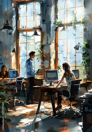 three people in an office space with large windows