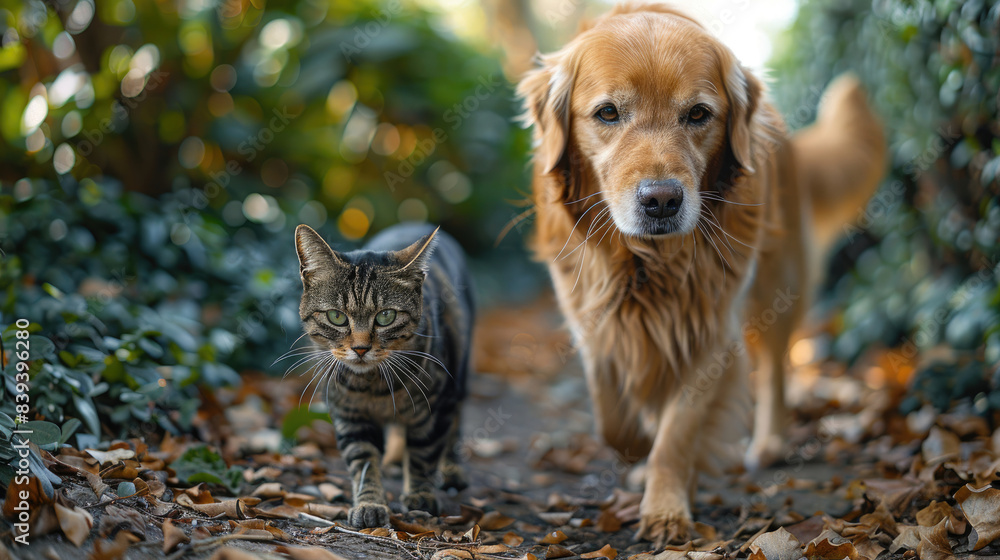 Cat and a dog walking together on a path Cat and a dog walking together on a path