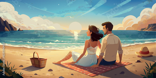 Couple watching sunset on beach with picnic setup. Vector illustration