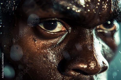 Intense Close-Up of Determined Boxer's Face During Training with Sweat and Focus Highlighted © spyrakot
