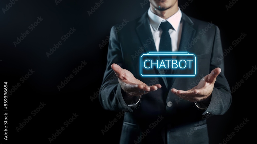 A businessman holding digital text chatbot on dark background A businessman holding digital text chatbot on dark background