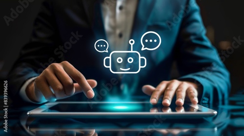 Obraz na płótnie A businessman using tablet with virtual digital chatbot icon