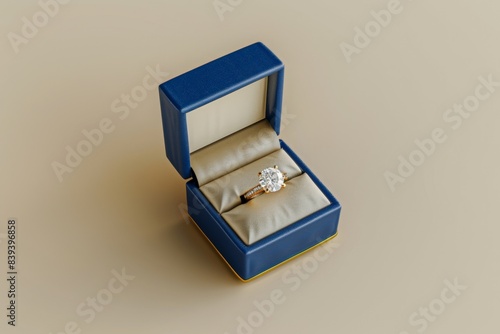 An engarbonated blue ring box with a diamond inside floating on a beige background. 