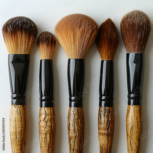 wooden organic makeup brushes on white backdrop. eco-friendly isolated on white background, flat design, png photo
