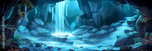 The Underground cave with river waterfall and gemstone, Illustration photo