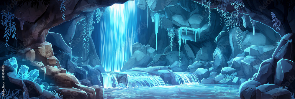 The Underground cave with river waterfall and gemstone, Illustration The Underground cave with river waterfall and gemstone, Illustration
