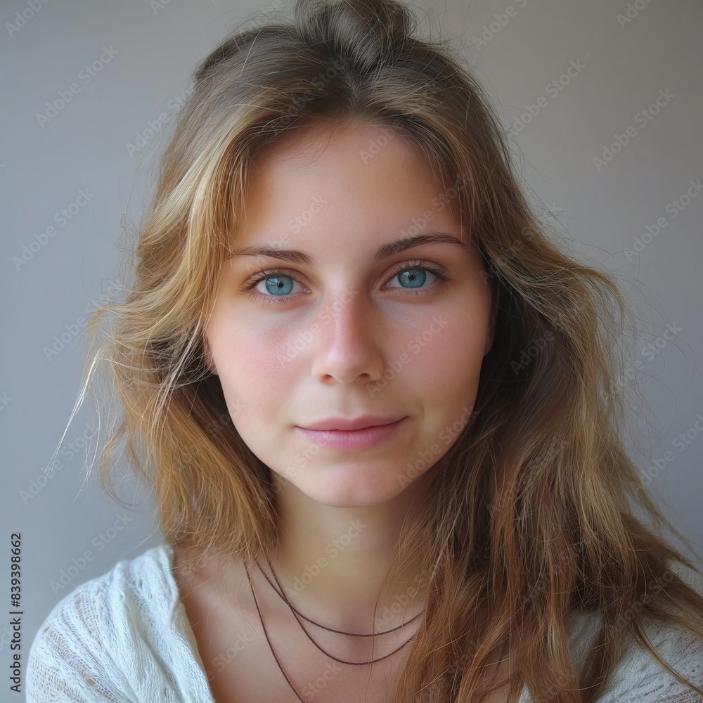 Fototapeta premium Beautiful Woman with Blue Eyes Close-Up Portrait