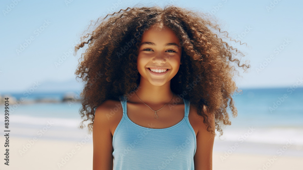 Smiling girl stands on the beach against the backdrop of sunset in a white T-shirt. Mockup copy space. African model. Beautiful sunset Smiling girl stands on the beach against the backdrop of sunset in a white T-shirt. Mockup copy space. African model. Beautiful sunset