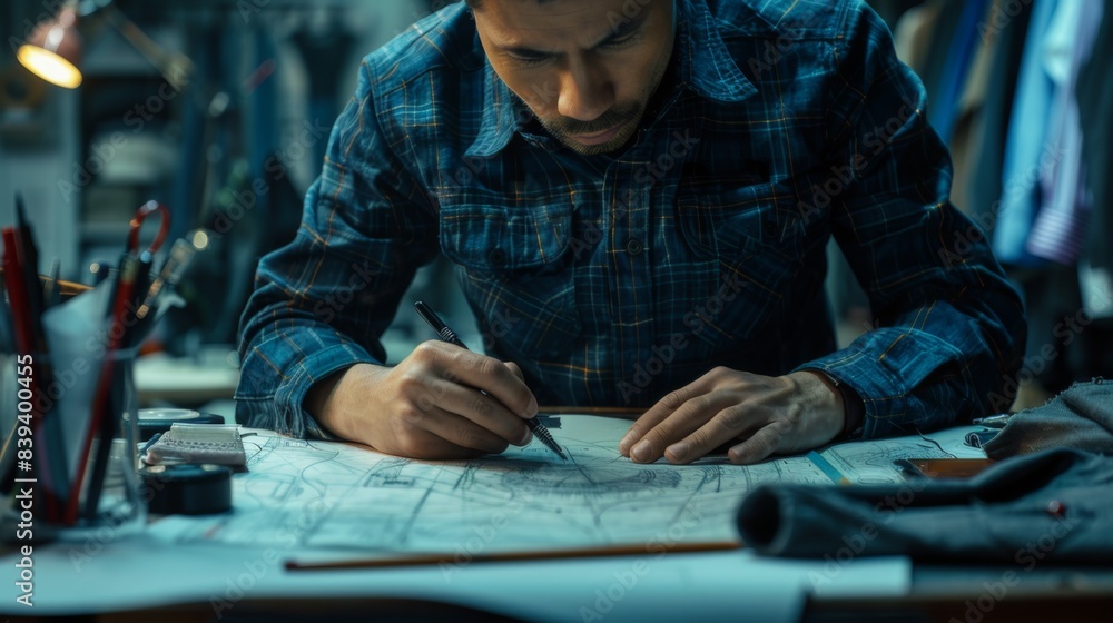 Crafting Style - Fashion Designer Sketching Clothing Designs. An image portraying the creative world of fashion design, featuring a designer engrossed in sketching out innovative clothing designs. Crafting Style - Fashion Designer Sketching Clothing Designs. An image portraying the creative world of fashion design, featuring a designer engrossed in sketching out innovative clothing designs.