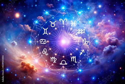 Concept of astrology and horoscope, person inside zodiac sign wheel, Astrological zodiac signs inside of horoscope circle, Astrology, knowledge of stars the sky, power of universe concept.