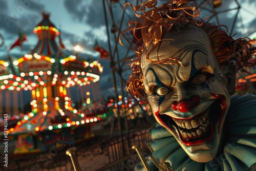 Eerie Nightmarish Carnival with Twisted Rides and Haunting Clowns for Halloween Design