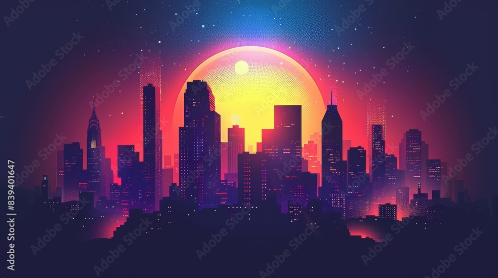 Futuristic Urban Skyline Illuminated by Neon Lights with a Radiant Sunset in Vibrant Colors. Futuristic Urban Skyline Illuminated by Neon Lights with a Radiant Sunset in Vibrant Colors.