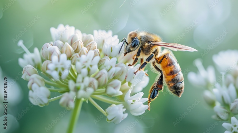 Honeybee on white flower collecting nectar in a garden Honeybee on white flower collecting nectar in a garden