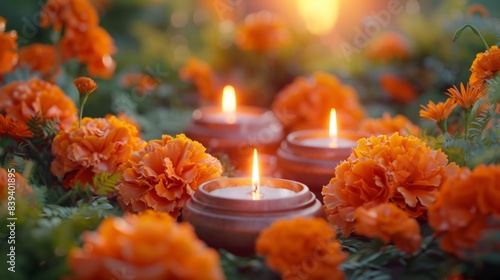 Lit candles among orange marigold flowers creating a warm ambiance