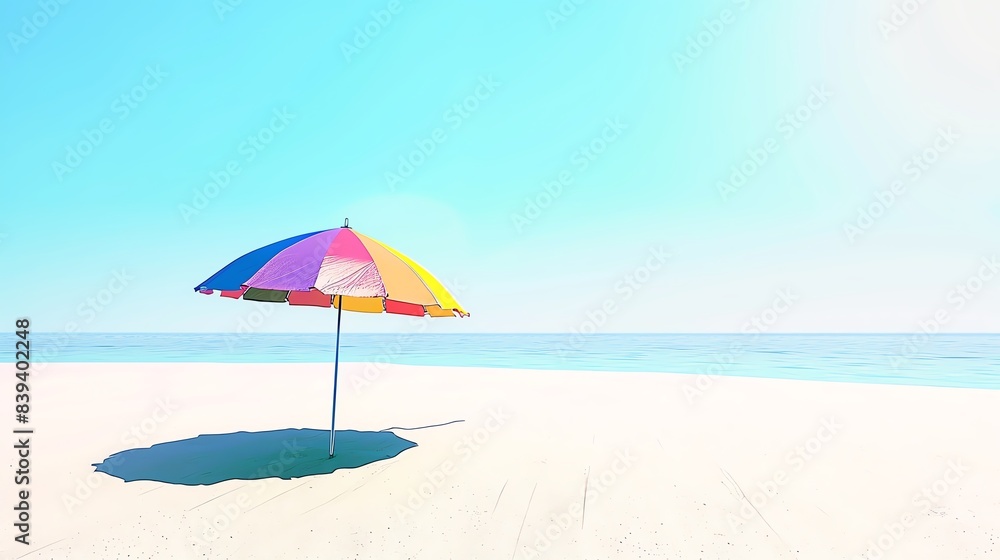 Colorful beach umbrella casting a shadow on a pristine sandy beach with clear blue sky and calm ocean in the background on a sunny day.