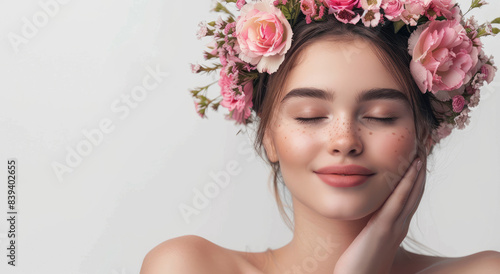 Beautiful woman with a flower wreath on her head, closed eyes, and a smile isolated over a white background