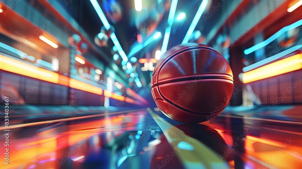 Intense 3D Sports Background with Chrome and Metallic Elements Depicting a Basketball Game in an Intense 3D Sports Background with Chrome and Metallic Elements Depicting a Basketball Game in an