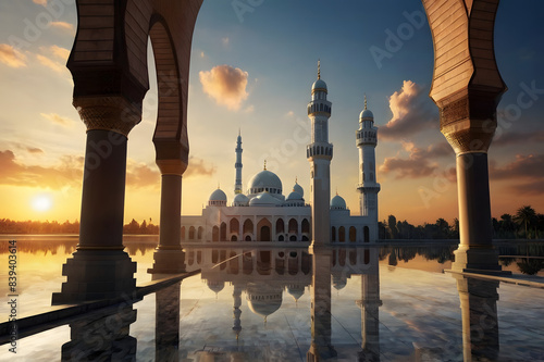 Mosque with sunset background for eid fitri celebration photo