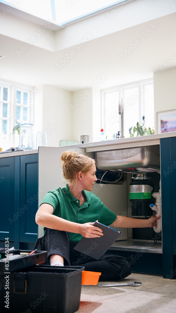 Obraz premium Female Plumber With Digital Tablet Fixing Waste Disposal Unit In Domestic Kitchen Sink