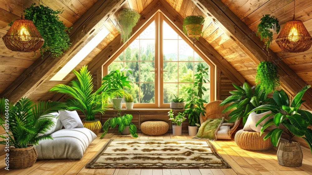 A wooden wall with an attic window, light wood grain texture, interior of the room, perspective angle from above, small skylight through the top left corner of the ceiling.