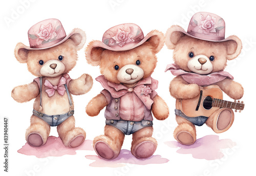 Set of pink teddy bear Cowboy watercolor, teddy bear elements ,cut out isolated on white background, watercolor ,artwork graphic design illustration.