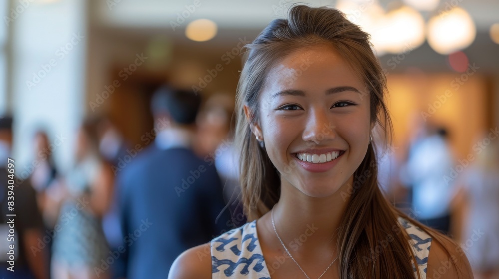 Ambitious Young Woman Networking at a Professional Event, Exchanging Business Cards and Building Connections for Career Growth Ambitious Young Woman Networking at a Professional Event, Exchanging Business Cards and Building Connections for Career Growth